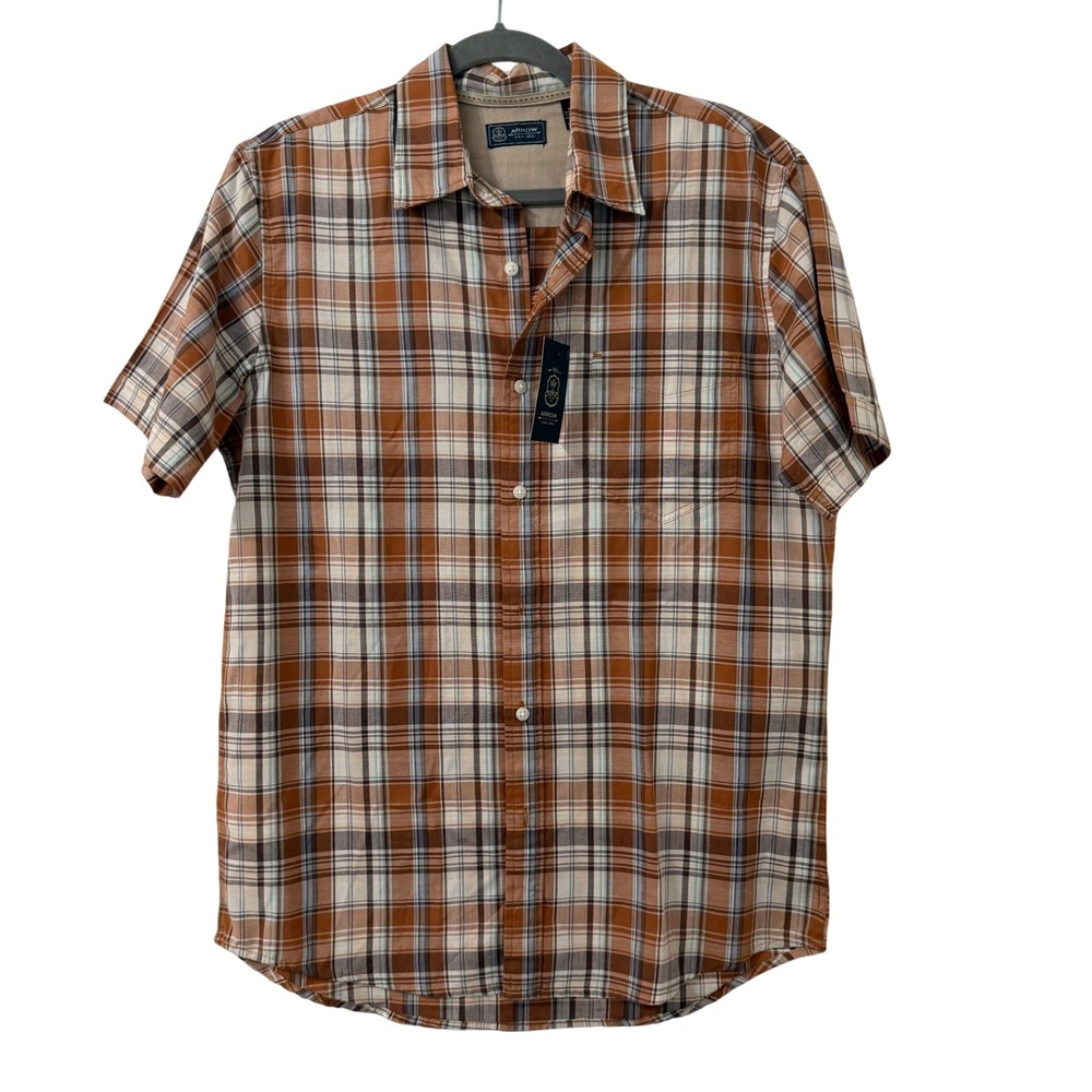 Arrow Mens Medium Short Sleeve Plaid Button Down Shirt Orange Brown Blue